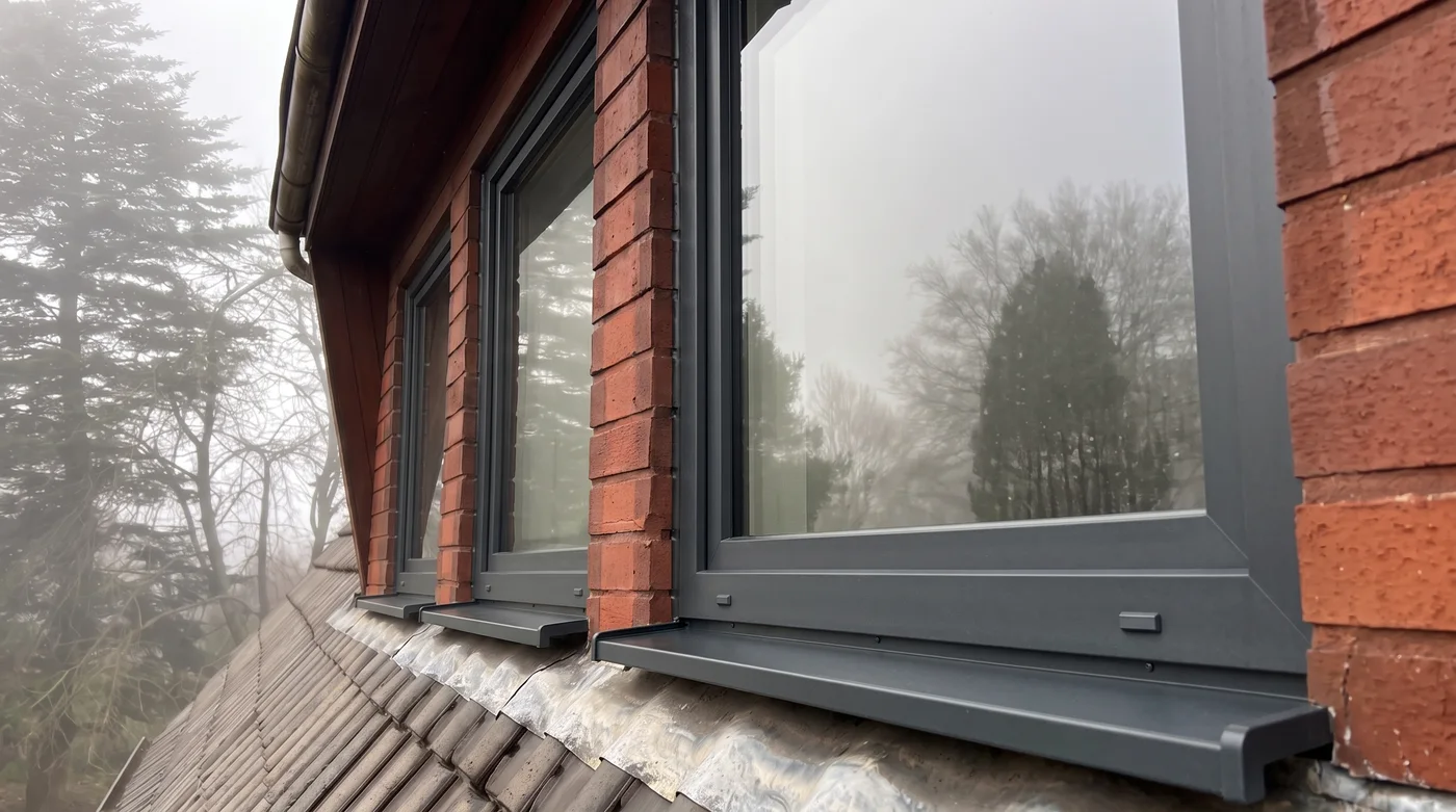 Dieselbe Klinkerfassade mit neuen anthrazitfarbenen Fenstern