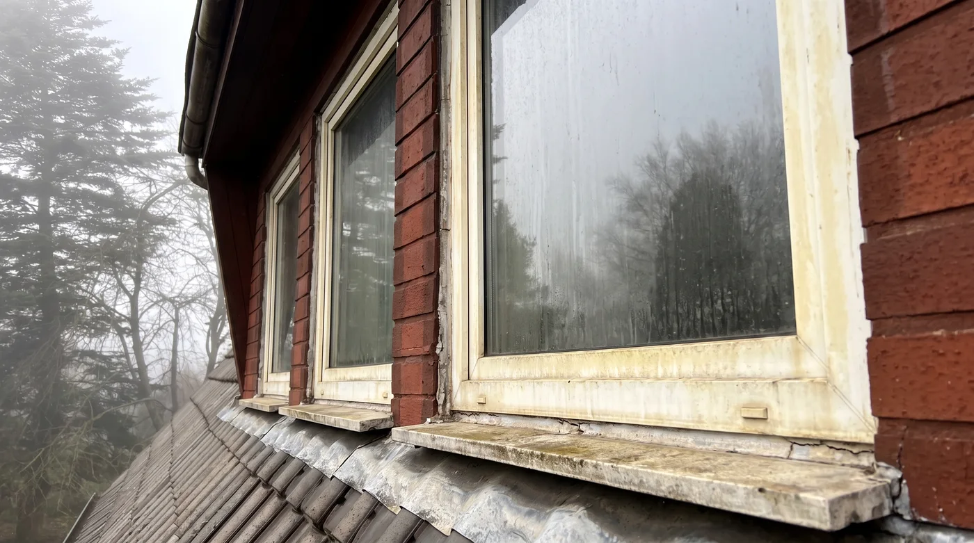 Klinkerfassade mit alten vergilbten Fenstern vor dem Austausch
