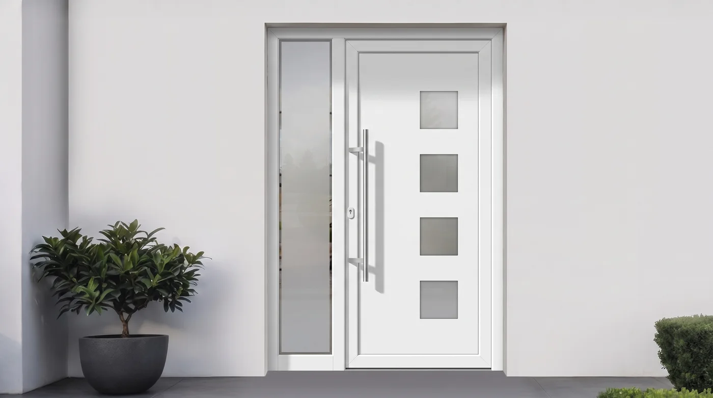 Dieselbe Wand mit neuer weißer PVC-Haustür mit Seitenteil