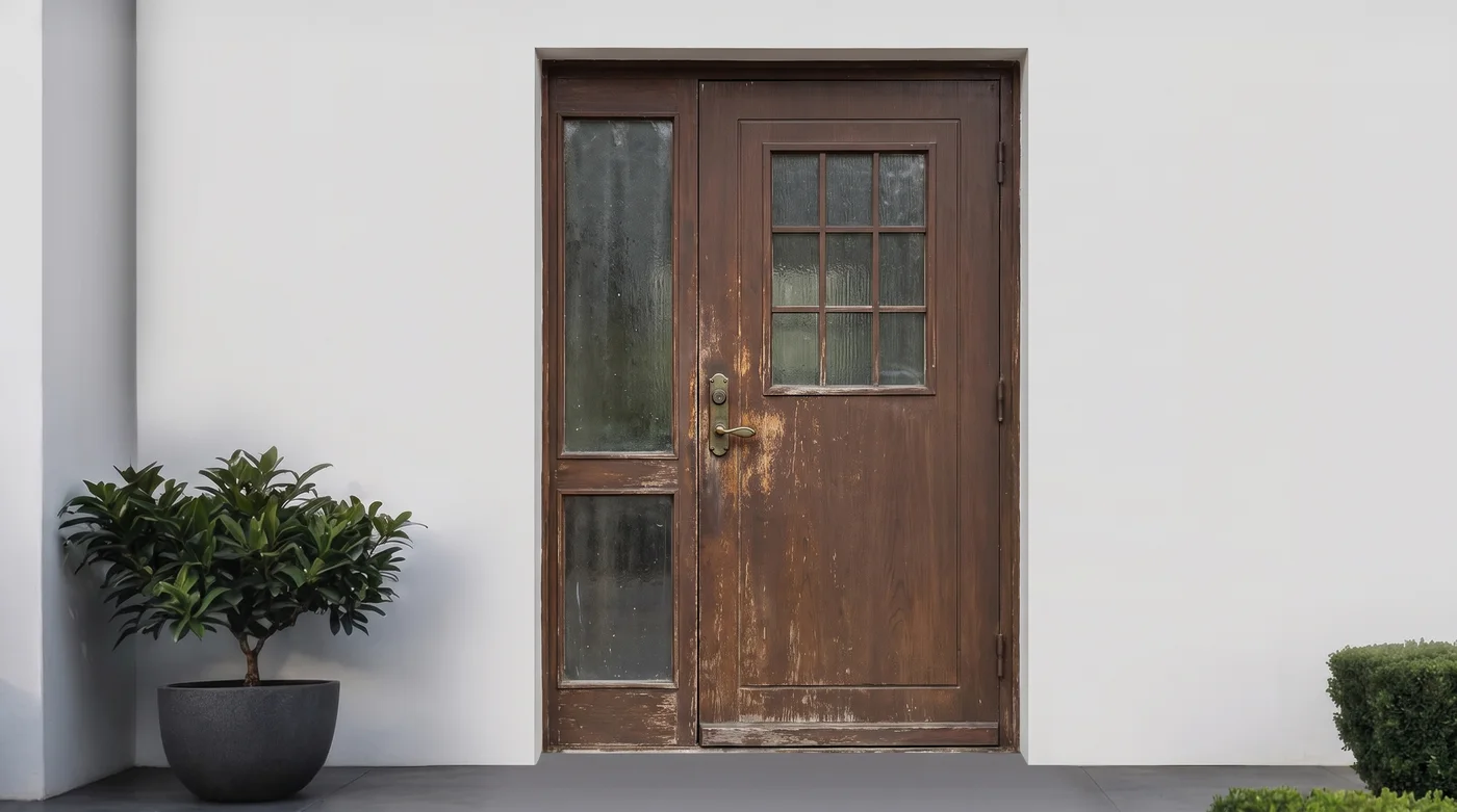 Alte braune Haustür mit verwittertem Seitenfenster