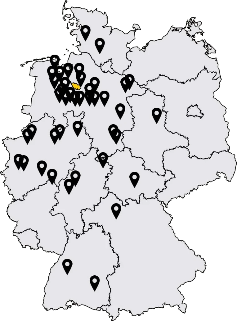 Karte von Deutschland mit den Montage-Einsatzorten von TM Fenstermonteur
