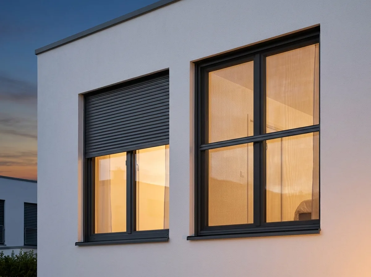 Anthrazitfarbener Rollladen, halb heruntergefahren über warm beleuchtetem Fenster