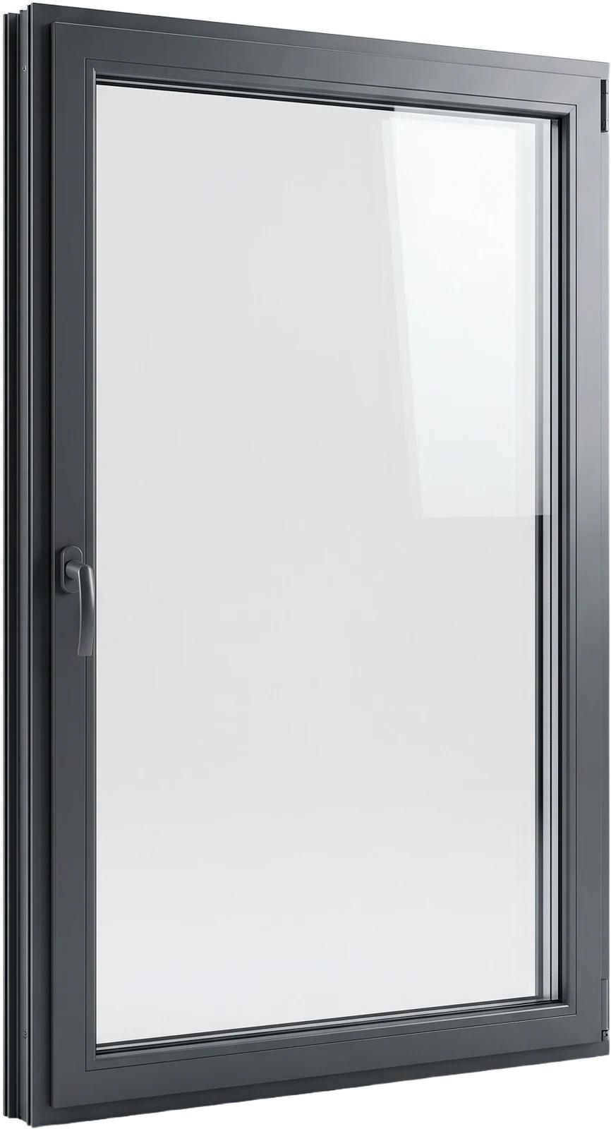 Modernes anthrazitgraues Aluminiumfenster mit schlankem Rahmen, freistehend