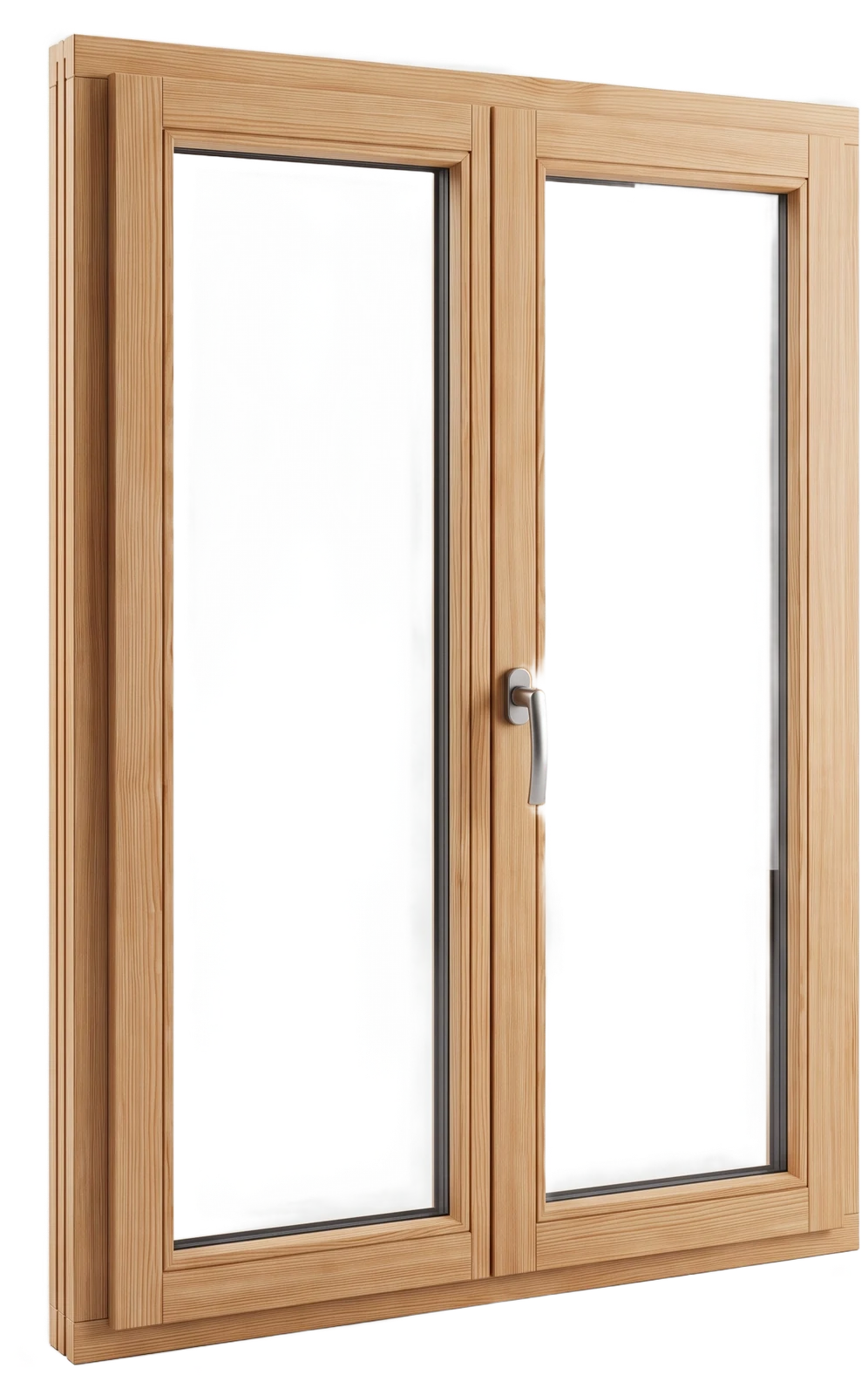 Modernes zweiflügeliges Holzfenster aus hellem Holz, freistehend