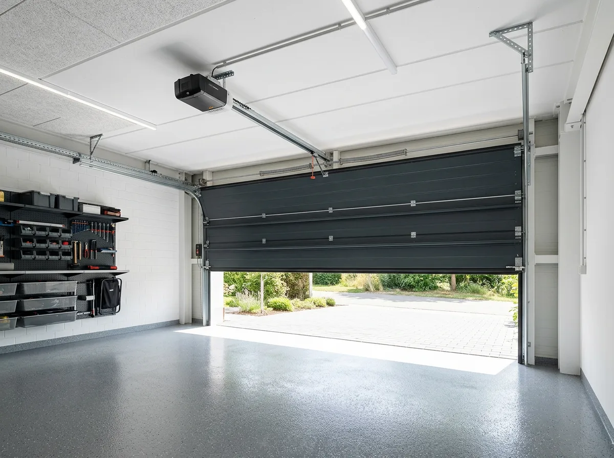 Blick aus einer aufgeräumten Garage nach draußen: Sektionaltor halb geöffnet, Antrieb an der Decke