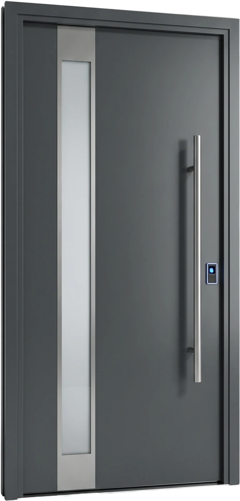 Moderne graue Aluminium-Haustür mit Glasausschnitt und Seitenteil