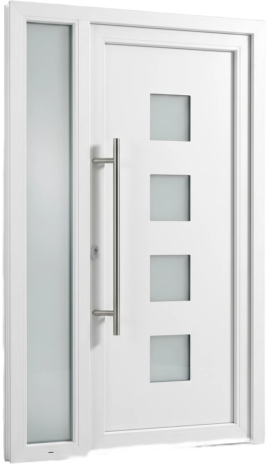 Moderne weiße PVC-Haustür mit satiniertem Seitenteil und Edelstahl-Stoßgriff