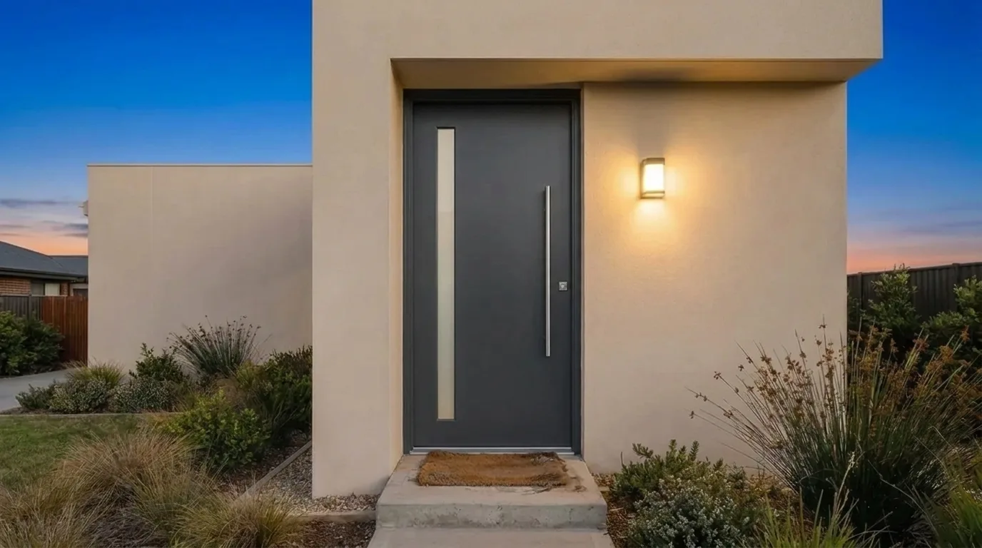 Dasselbe Haus mit neuer anthrazitfarbener Aluminium-Haustür