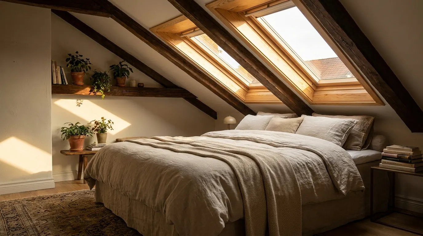 Gemütliches Dachzimmer mit großen Dachfenstern und Sonnenlicht