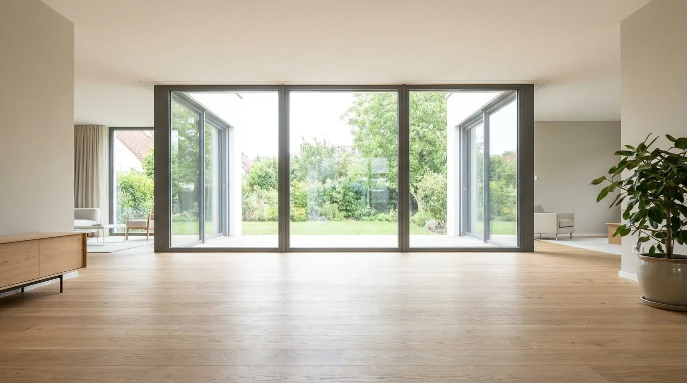 Heller Wohnraum mit großer neuer Fensterfront und viel Tageslicht