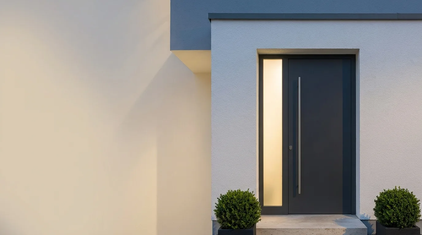 Moderner Hauseingang mit anthrazitfarbener Aluminium-Haustür am Abend