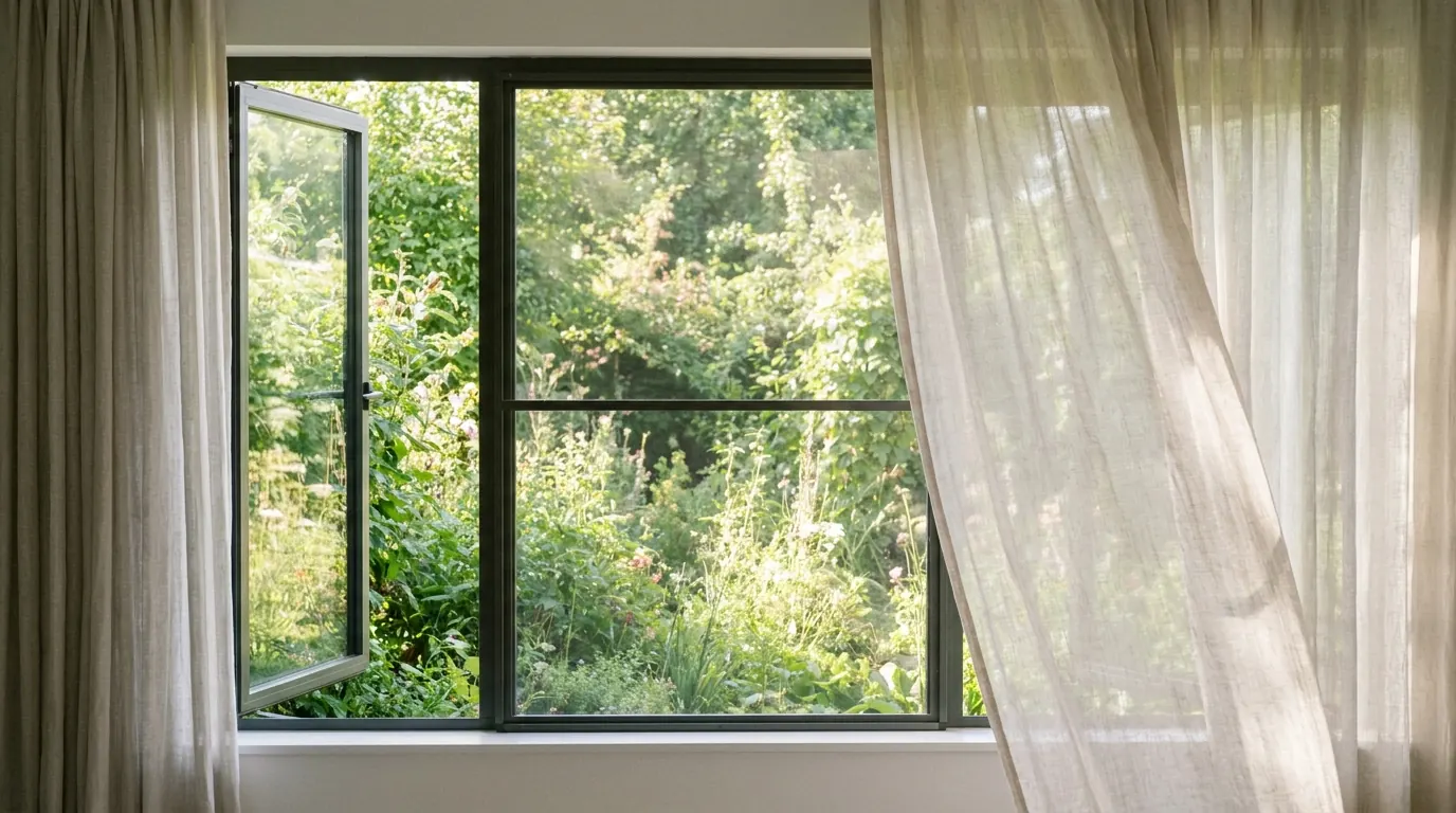 Offenes Fenster mit Insektenschutz und Blick in den Sommergarten