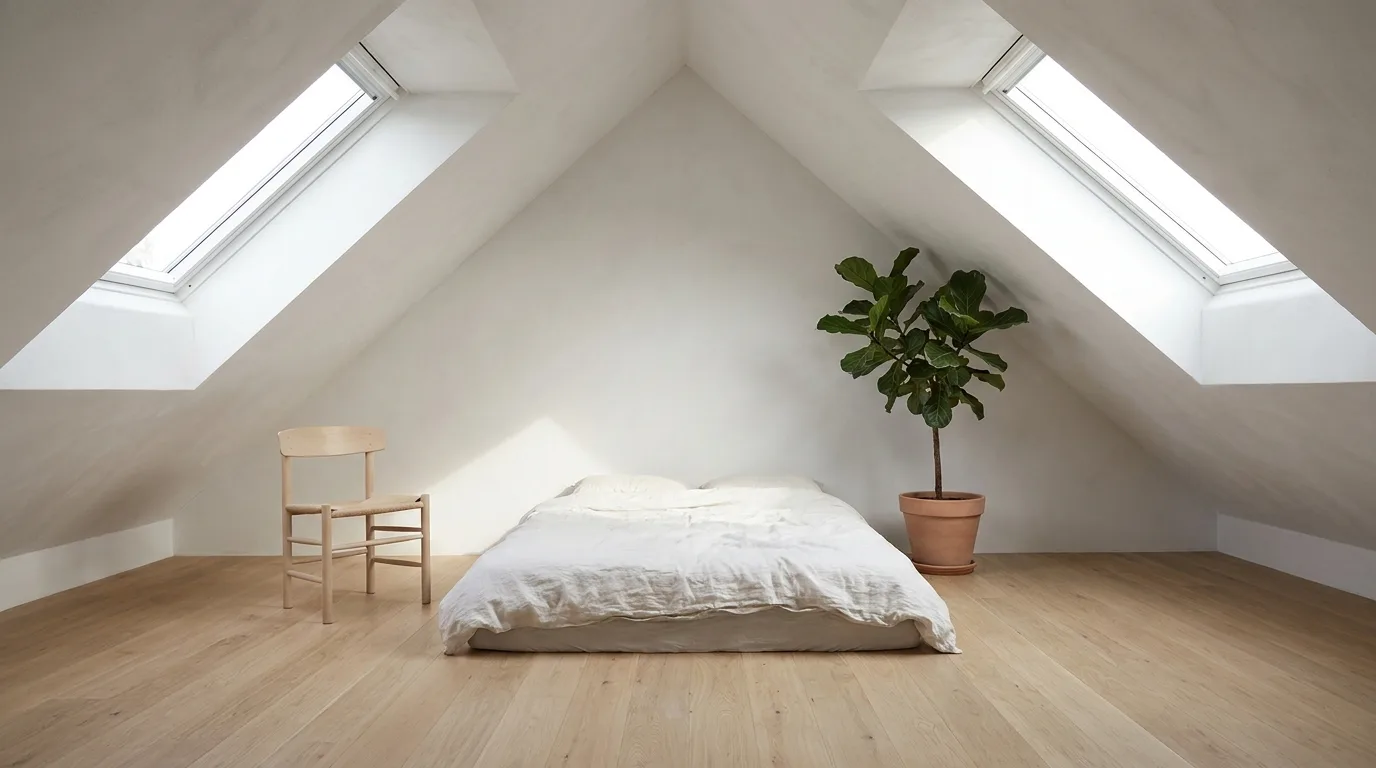 Regentropfen auf einem Dachfenster, darunter ein warm beleuchtetes Dachzimmer