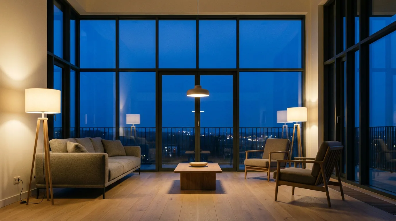 Warm beleuchteter Wohnraum am Abend hinter modernen dreifach verglasten Fenstern