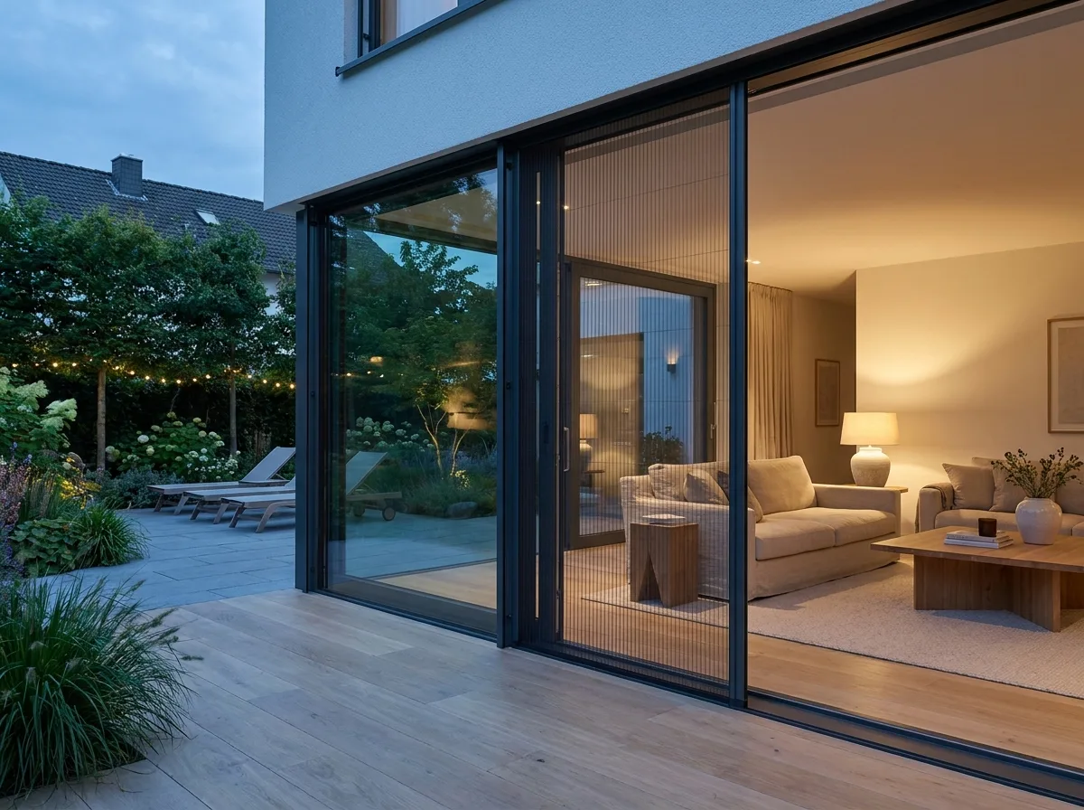 Geöffnetes Fenster am Sommerabend mit warmem Lampenlicht hinter feinem Insektenschutzgewebe